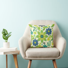 Blauw en groen bloemig vierkant throw kussen