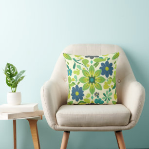 Blauw en groen bloemig vierkant throw kussen