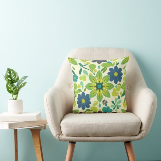 Blauw en groen bloemig vierkant throw kussen (Stoel)