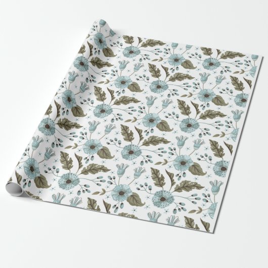 Blauw en groen bloemmotief cadeaupapier (Uitgerold)
