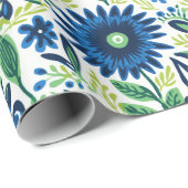 Blauw en groen bloemmotief cadeaupapier (Rol Hoek)
