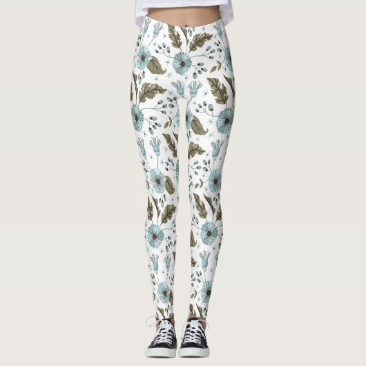 Blauw en groen bloemmotief leggings (Voorkant)