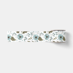 Blauw en groen bloemmotief satijnen lint