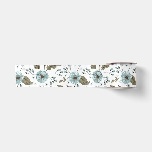 Blauw en groen bloemmotief satijnen lint (Voorkant)