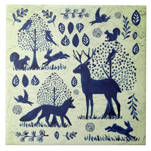 blauw en groen bos Dier Fox Rabbit Tegeltje (Voorkant)