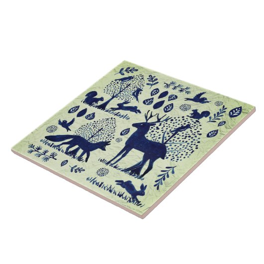 blauw en groen bos Dier Fox Rabbit Tegeltje (Zijkant)