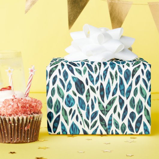 Blauw en groen botanisch patroon cadeaupapier (Verjaardagsfeest)