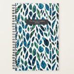 Blauw en groen botanisch patroon planner<br><div class="desc">Waterverf geïnspireerd blauw en groen bladpatroon. Geef de naam in de grijze rechthoek aan de voorkant aan.</div>