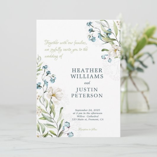 Blauw en Groen botanische klassieke bruiloft Kaart (Staand voorkant)