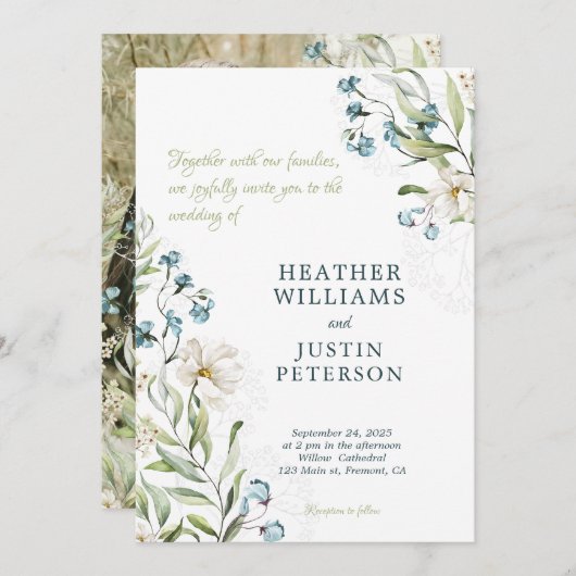 Blauw en Groen botanische klassieke bruiloft Kaart (Voorkant / Achterkant)