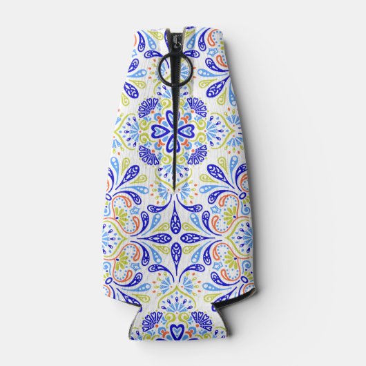 Blauw en groen caleidoscooppatroon flesjeskoeler (Achterkant)