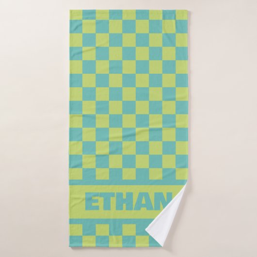 Blauw en Groen Checkerboard Handdoek met Aangepast (Badhanddoek)