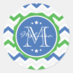 Blauw en Groen Chevron Custom Monogram Ronde Sticker