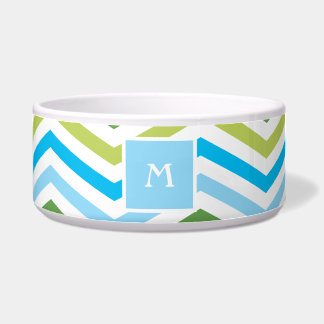 Blauw en groen Chevron | Monogram Dog Dish Voerbakje