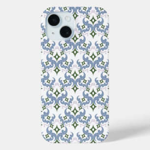blauw en groen damast ornament pointillisme iPhone 15 case