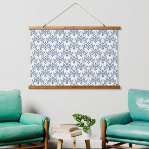 blauw en groen damast ornament pointillisme hangend wandkleed
