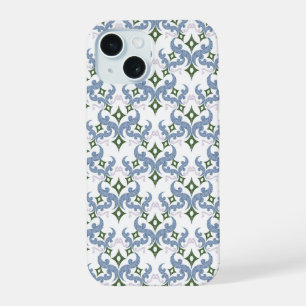 blauw en groen damast ornament pointillisme iPhone 15 case