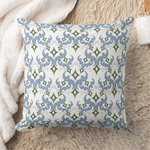 blauw en groen damast ornament pointillisme kussen