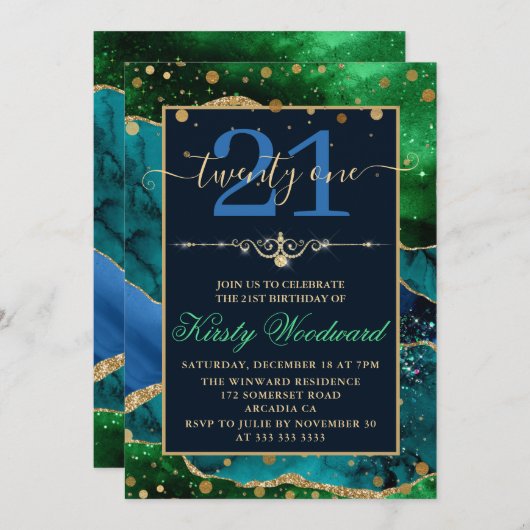 Blauw en groen en bruinkool Glitter Agate Birthday Kaart (Voorkant / Achterkant)