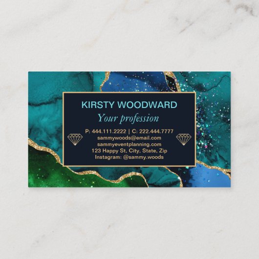 Blauw en groen en bruinkool Glitter Agate Visitekaartje (Achterkant)