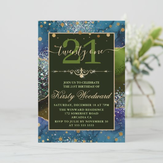 Blauw en groen en goudglitter Agate Birthday Party Kaart (Staand voorkant)