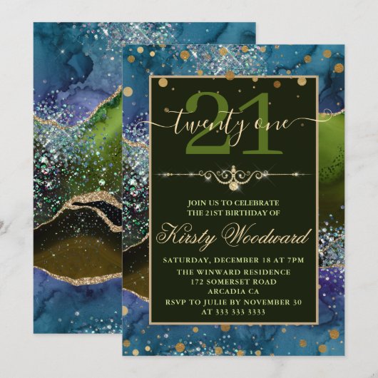 Blauw en groen en goudglitter Agate Birthday Party Kaart (Voorkant / Achterkant)