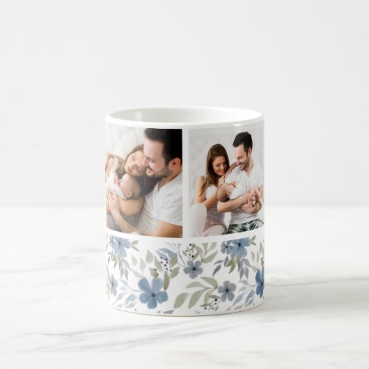 Blauw en groen Floral 4 Foto Collage Aangepast Koffiemok (Center)