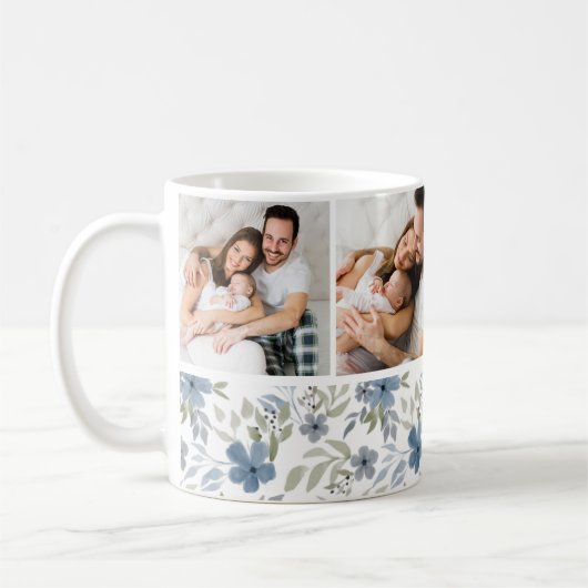 Blauw en groen Floral 4 Foto Collage Aangepast Koffiemok (Links)