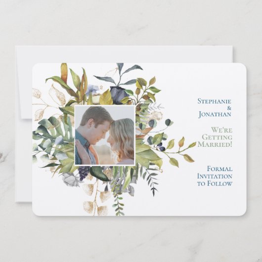 Blauw en groen Floral sparen Datum w Foto Save The Date (Achterkant)