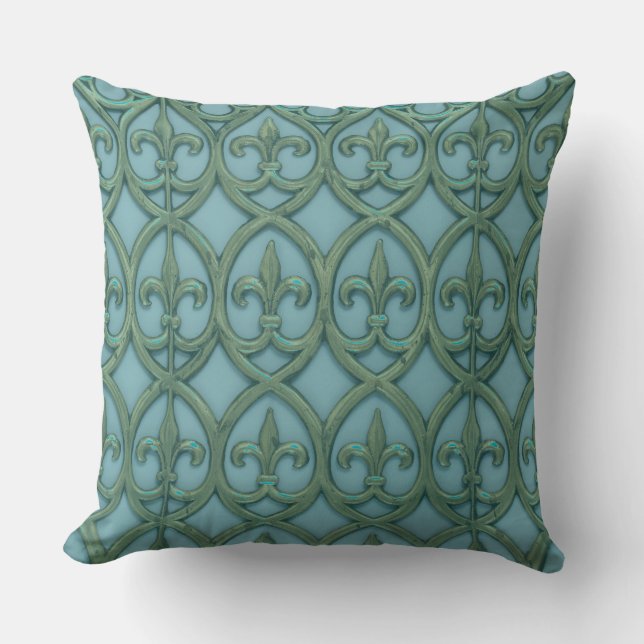 Blauw en groen Fluer-de-lis patroon Kussen (Voorkant)