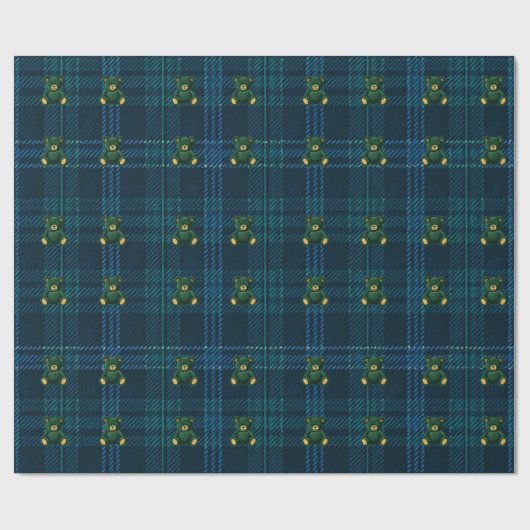 Blauw en groen geruit cadeaupapier met teddybeer (Vlak)