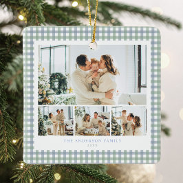 Blauw en groen geruit familiefotocollage keramisch ornament