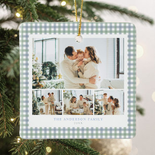 Blauw en groen geruit familiefotocollage keramisch ornament