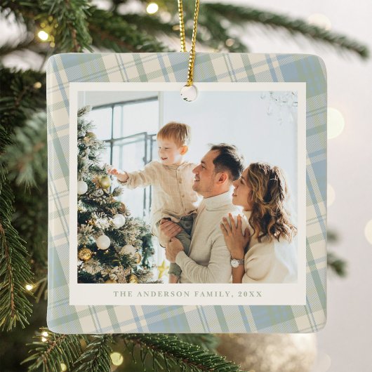 Blauw en groen geruit foto keramisch ornament