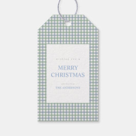 Blauw en groen geruit Kerstmis Cadeaulabel
