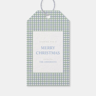 Blauw en groen geruit Kerstmis Cadeaulabel
