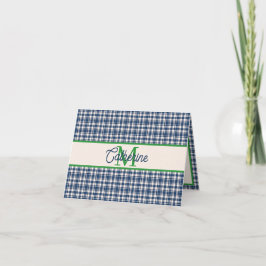 Blauw en groen geruit plaid tartan monogram notitiekaartje