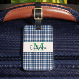 Blauw en groen geruit Schots geruit monogram Bagagelabel