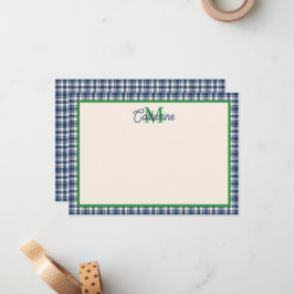 Blauw en groen geruit Schots geruit monogram Notitiekaartje