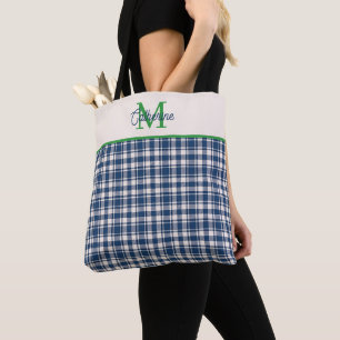 Blauw en groen geruit Schots geruit monogram Tote Bag