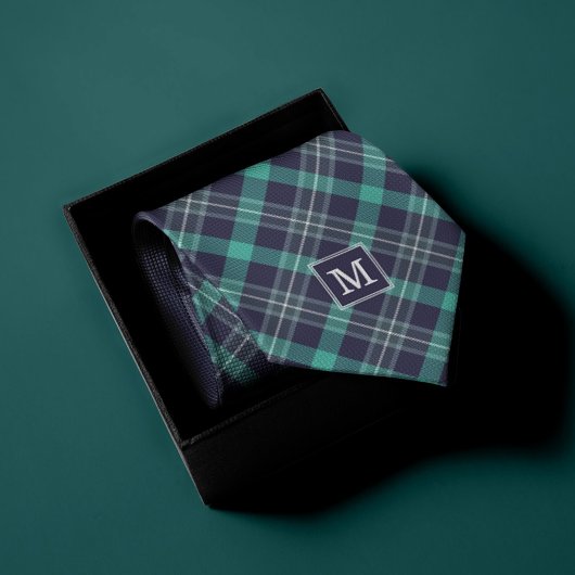 Blauw en groen geruite patroon monogram stropdas