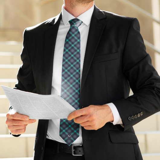 Blauw en groen geruite patroon monogram stropdas