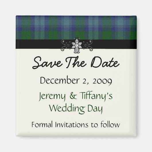 Blauw en groen geruite Save the Date Magnet (Voorkant)