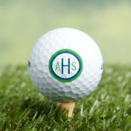 Blauw en groen geschulpte drielettermonogram golfballen