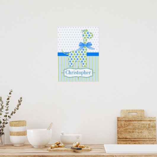 Blauw en groen gestippelde giraffe poster voor de (Keuken)