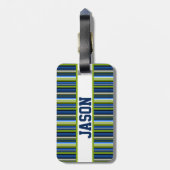 Blauw en groen gestreept basketbalontwerp bagagelabel (Achterkant verticaal)