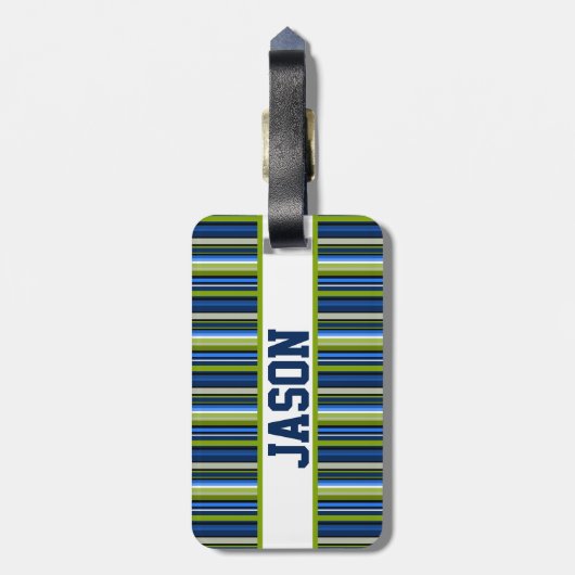 Blauw en groen gestreept basketbalontwerp bagagelabel (Achterkant verticaal)