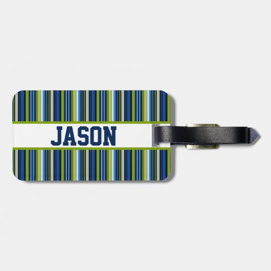 Blauw en groen gestreept basketbalontwerp bagagelabel (Achterkant horizontaal)