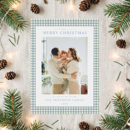 Blauw en Groen Gingham Kerst Foto Feestdagenkaart