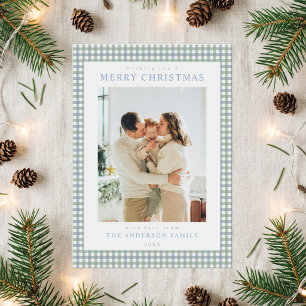 Blauw en Groen Gingham Kerst Foto Feestdagenkaart